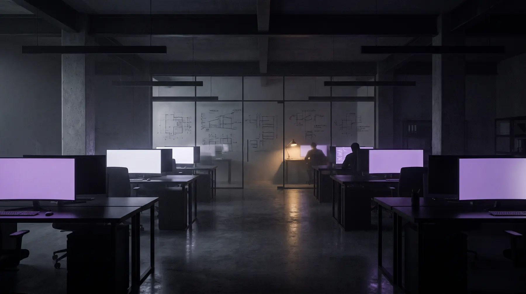 A dark engineering studio at night with monitors glowing